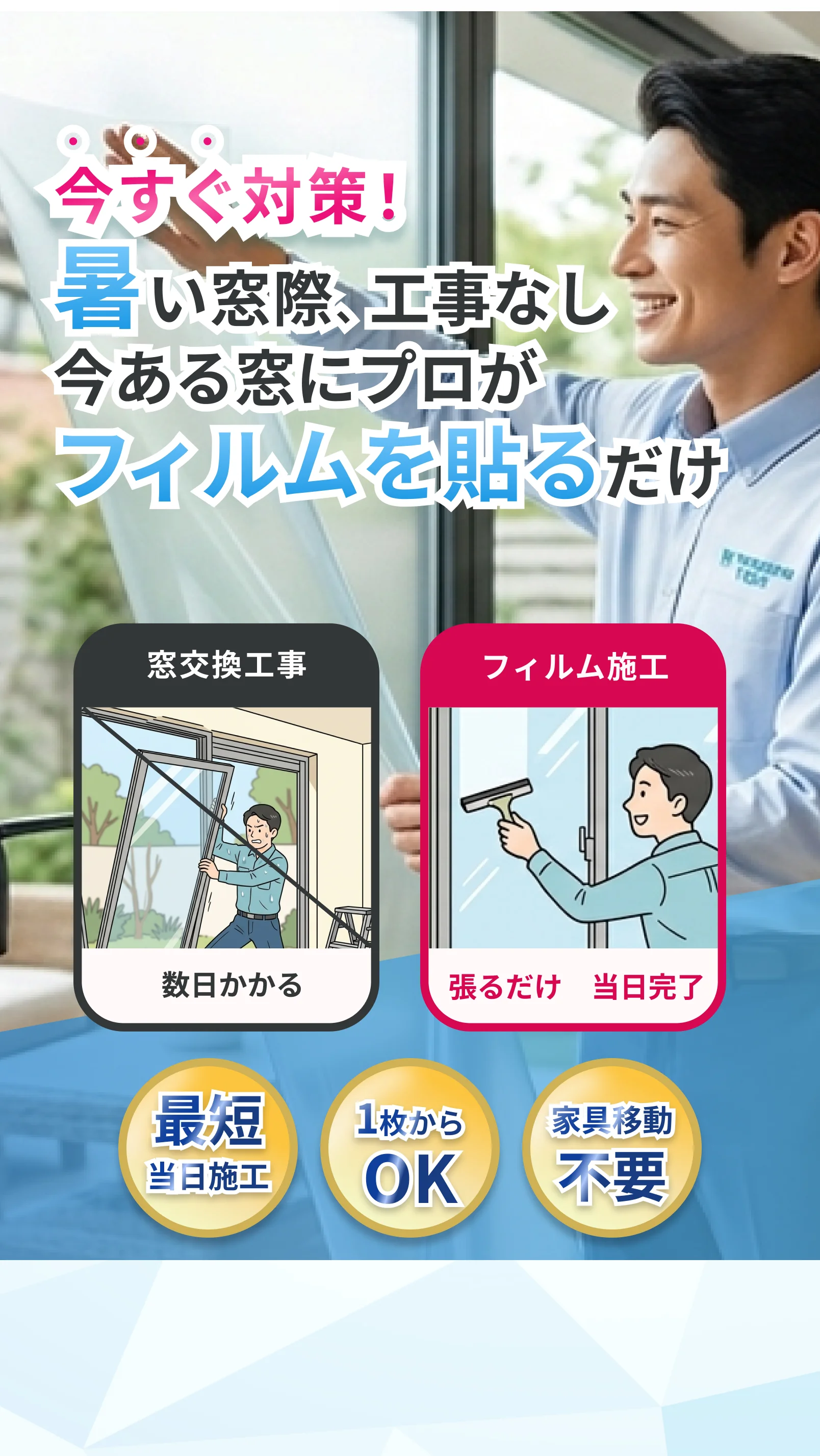 今すぐ対策。暑い窓際、工事なし。今ある窓にプロがフィルムを貼るだけ
